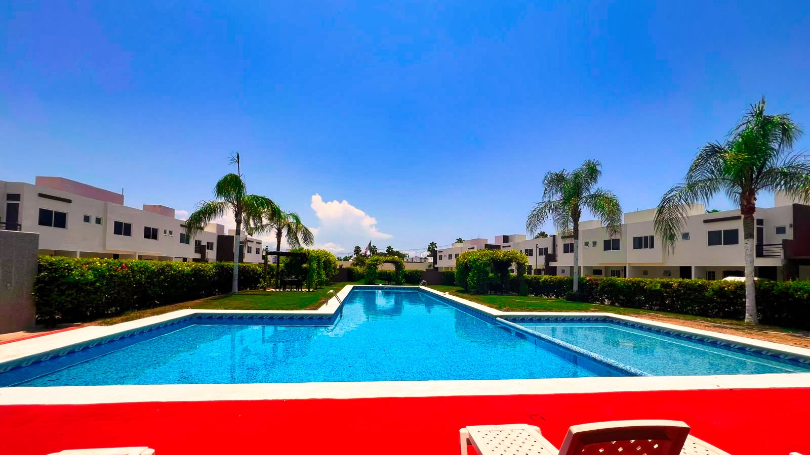 Alberca de Natura Residencial con camastros y palmeras