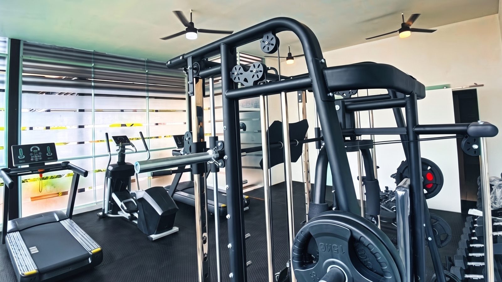 Aparatos de peso y multifuncional en el gimnasio